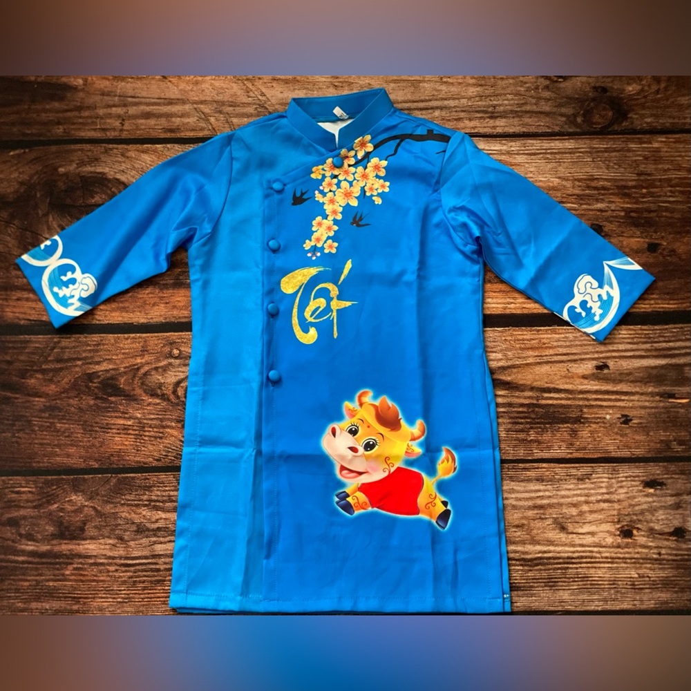 Blue Traditional Aodai with Tết design